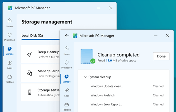 The storage cleanup tools inside Microsoft PC Manager