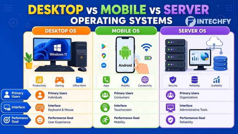 Desktop vs Mobile vs Server Operating System examples